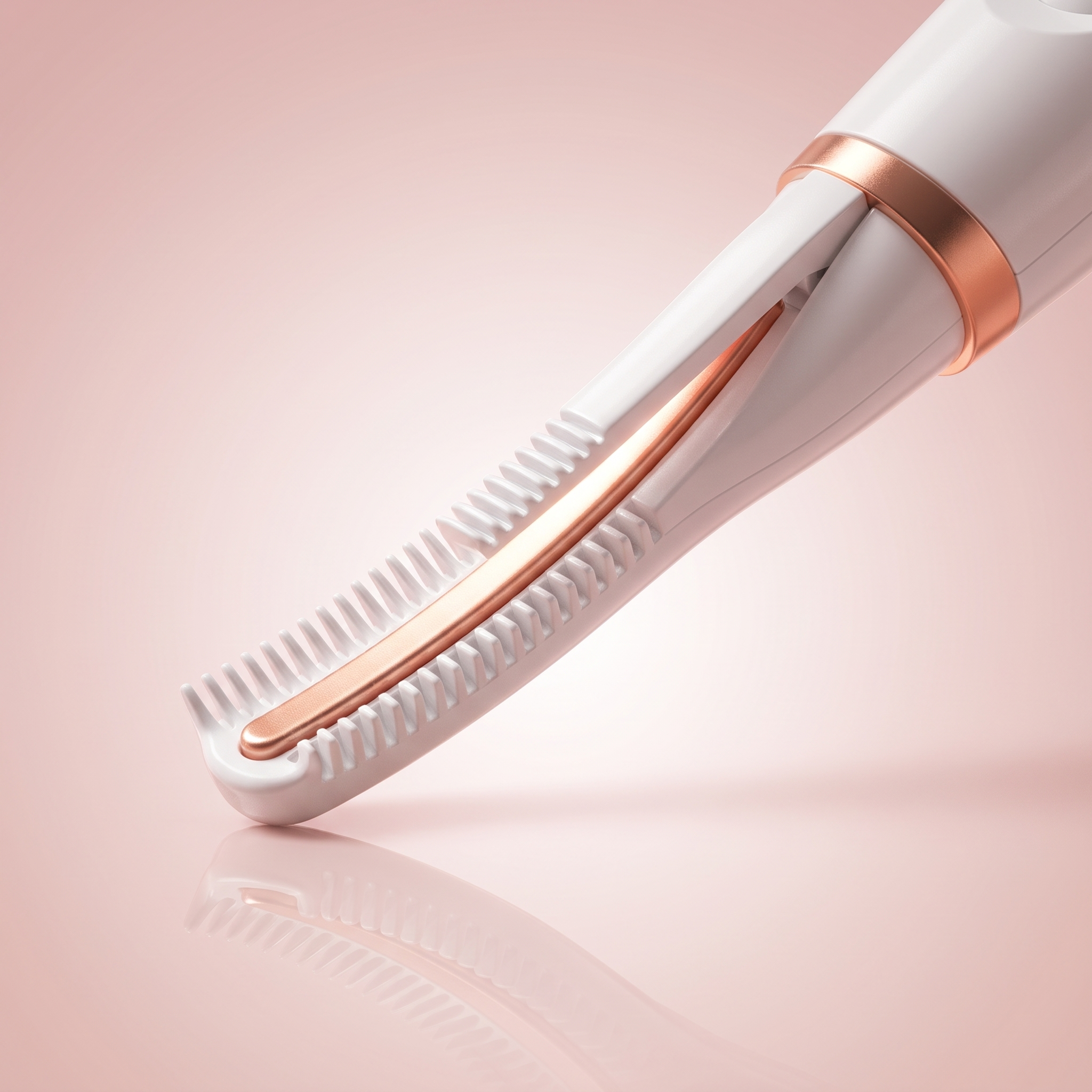 Close-up of the LashSet heated comb tip showing the fine comb teeth and rose-gold heating strip