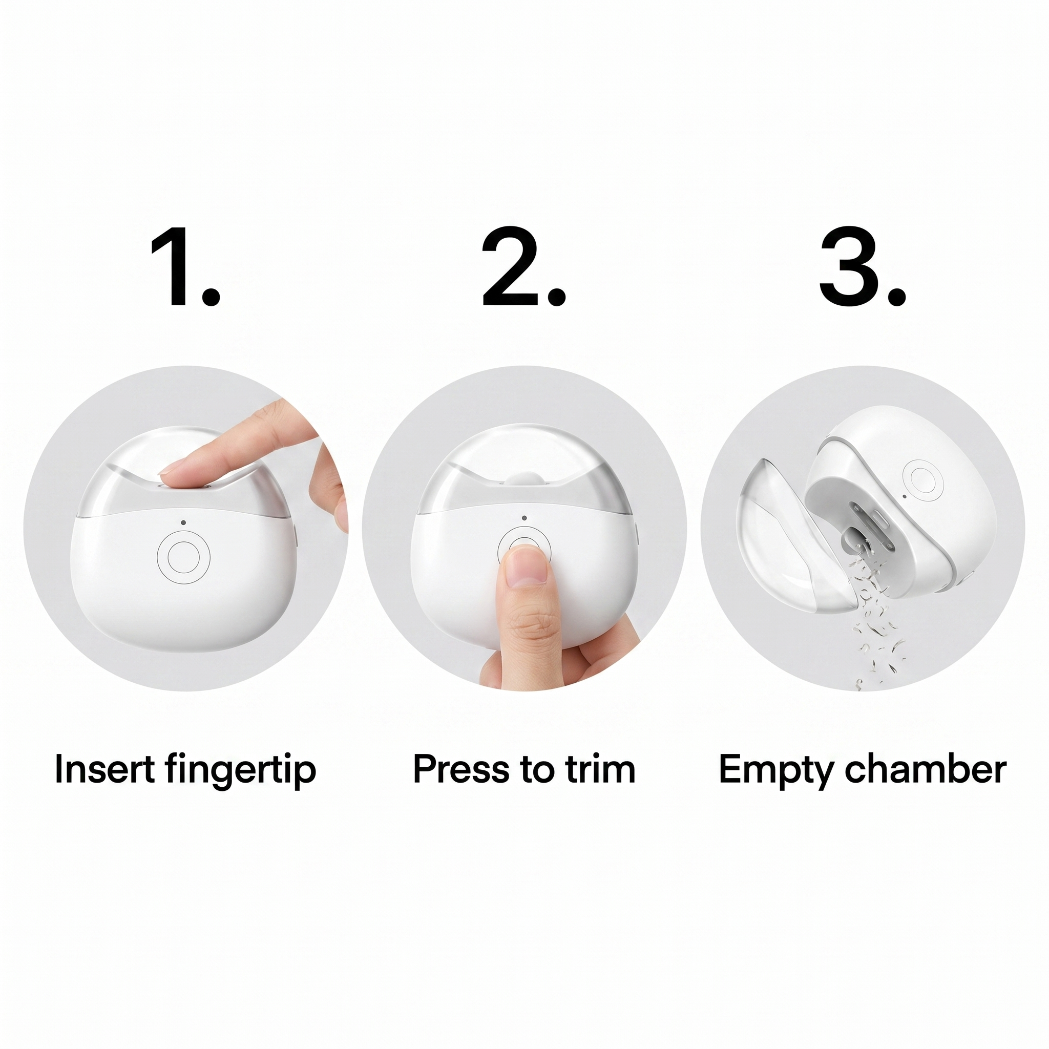 How to use TrimPod in 3 steps: insert fingertip, press to trim, empty chamber