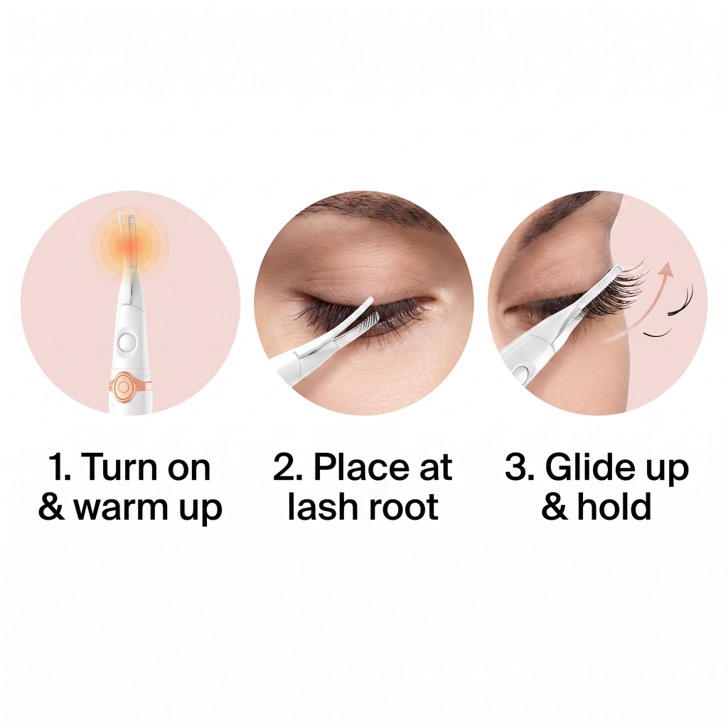 How to use LashSet in 3 steps: turn on and warm up, place at lash root, glide up and hold