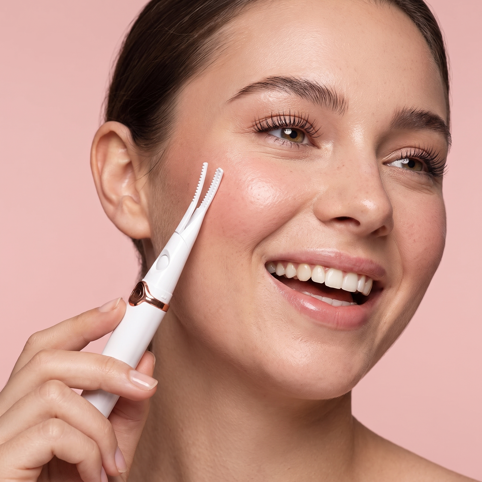 Smiling woman with lifted curled lashes holding the LashSet heated eyelash curler