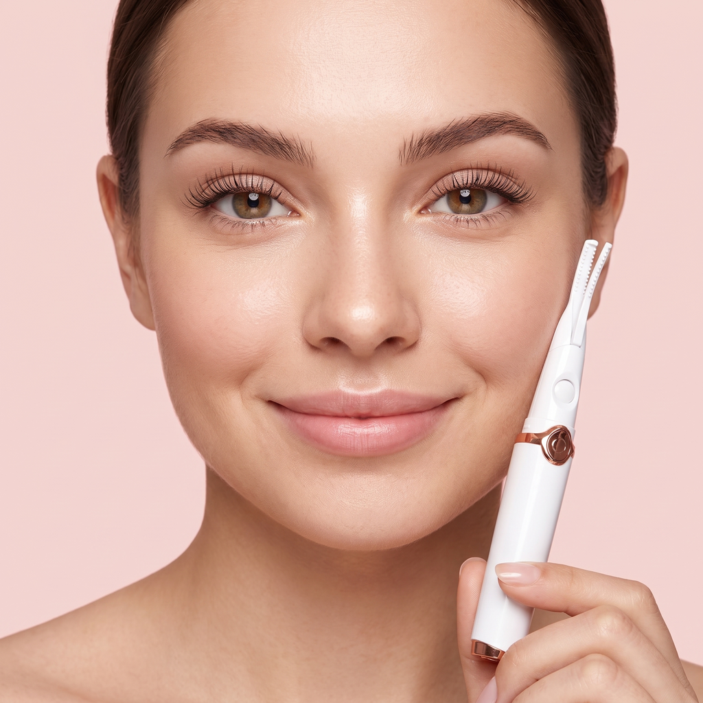 Smiling woman with curled lashes holding the LashSet heated eyelash curler upright — editorial beauty portrait