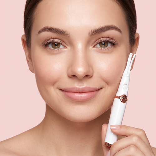 Smiling woman with curled lashes holding the LashSet heated eyelash curler upright — editorial beauty portrait
