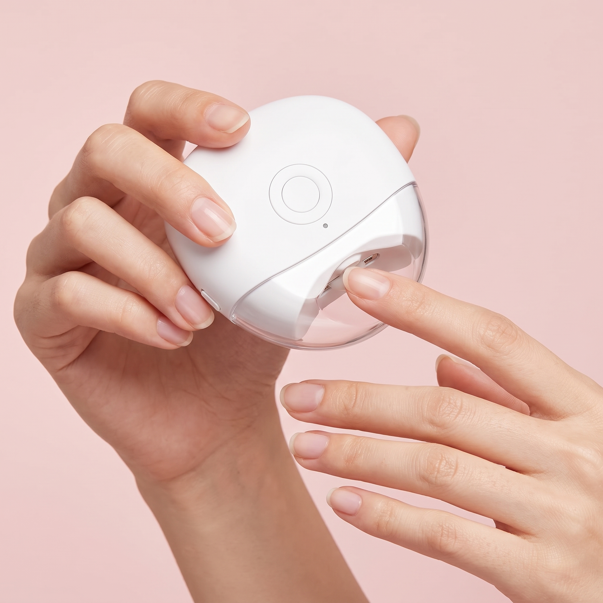Close-up of hands using the TrimPod electric nail clipper, fingertip resting in the trimming opening