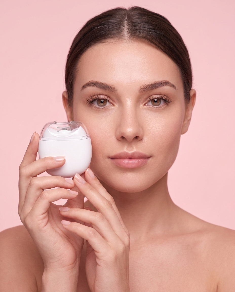 Woman holding the TrimPod electric nail clipper beside her face — editorial beauty portrait on blush pink
