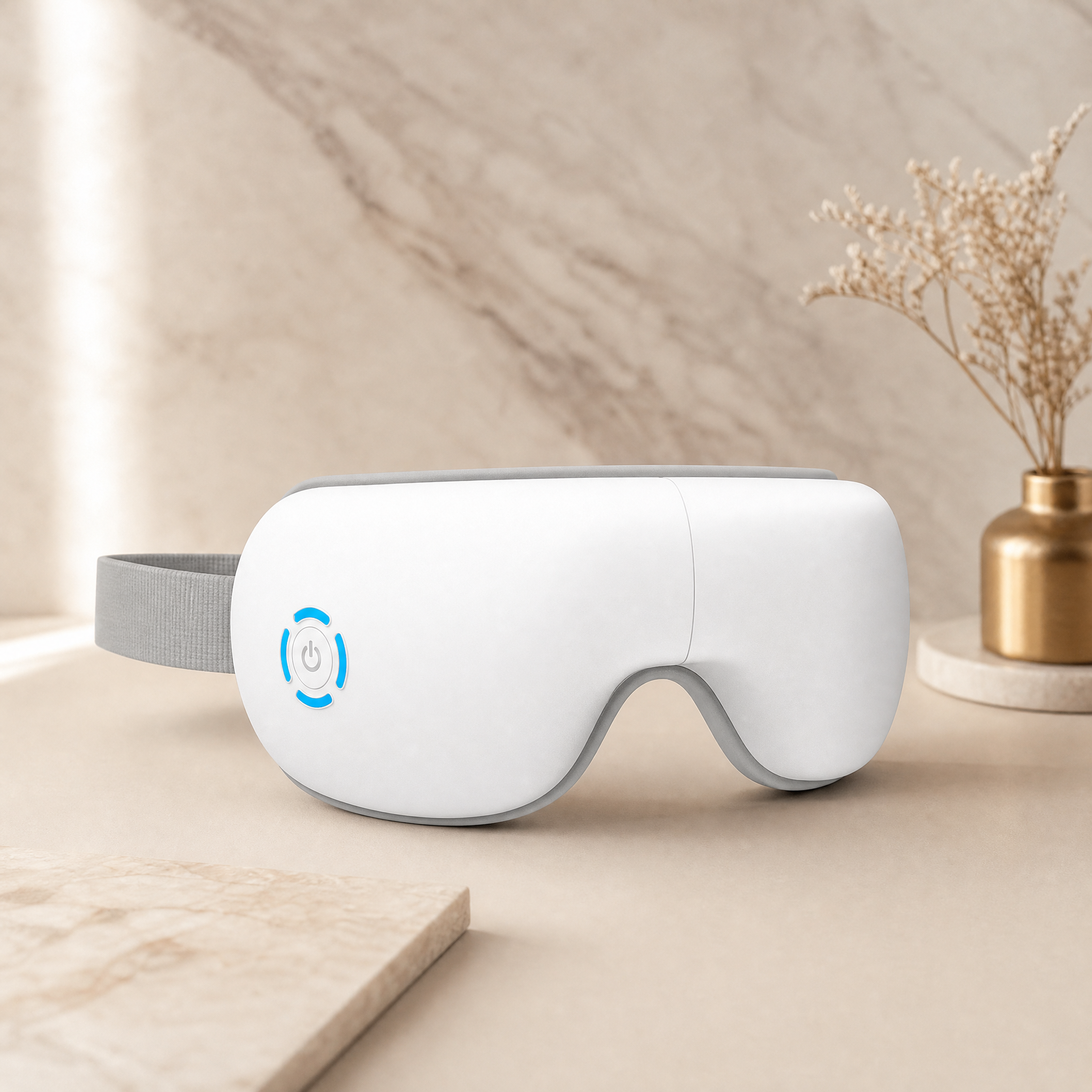 Heated Eye Massager (Air-Compression + Bluetooth) — editorial product photo