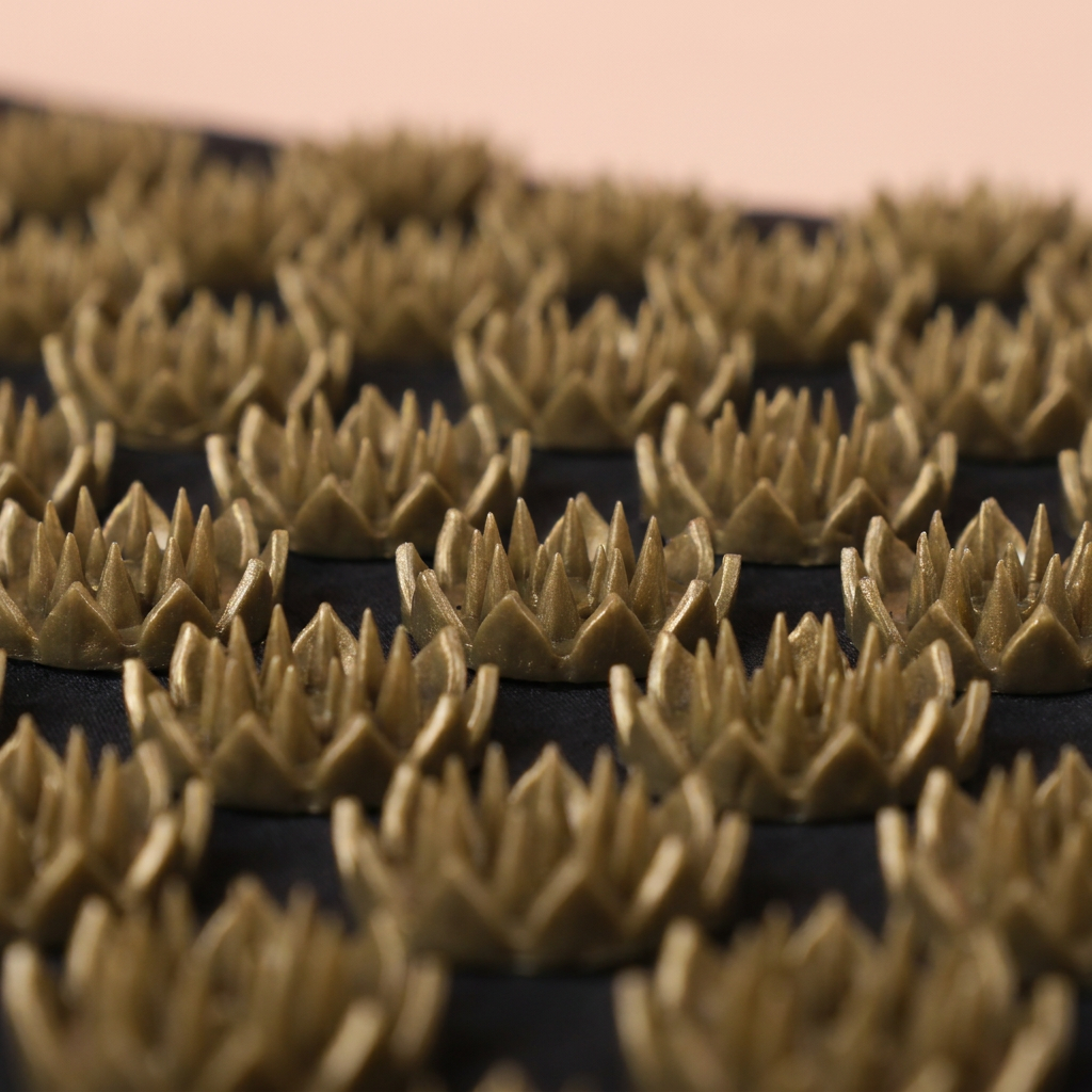 Macro close-up of the acupressure spike discs on peach studio background