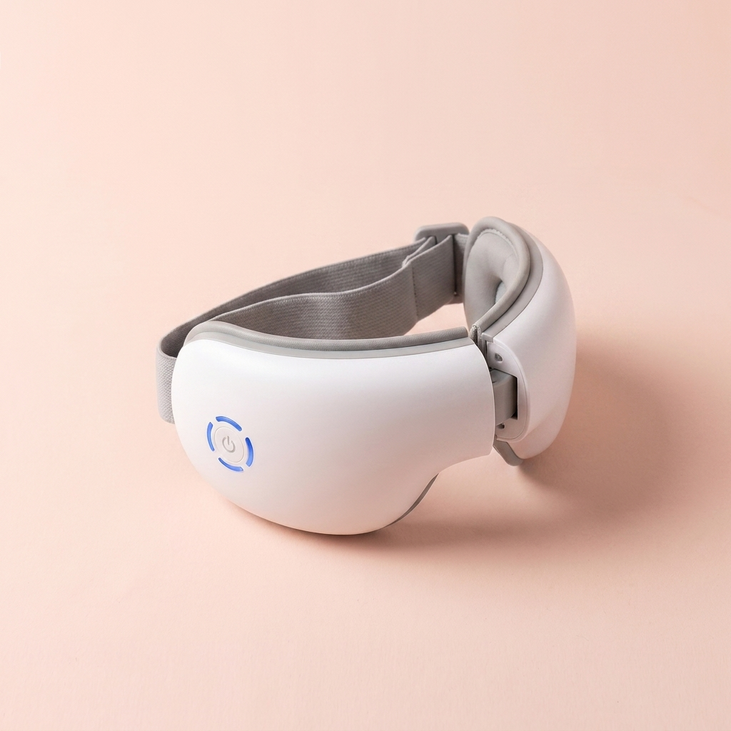 Heated eye massager — front three-quarter view on peach background