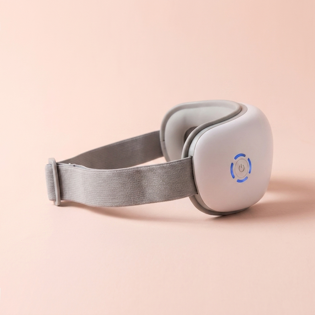 Heated eye massager — side profile showing adjustable strap