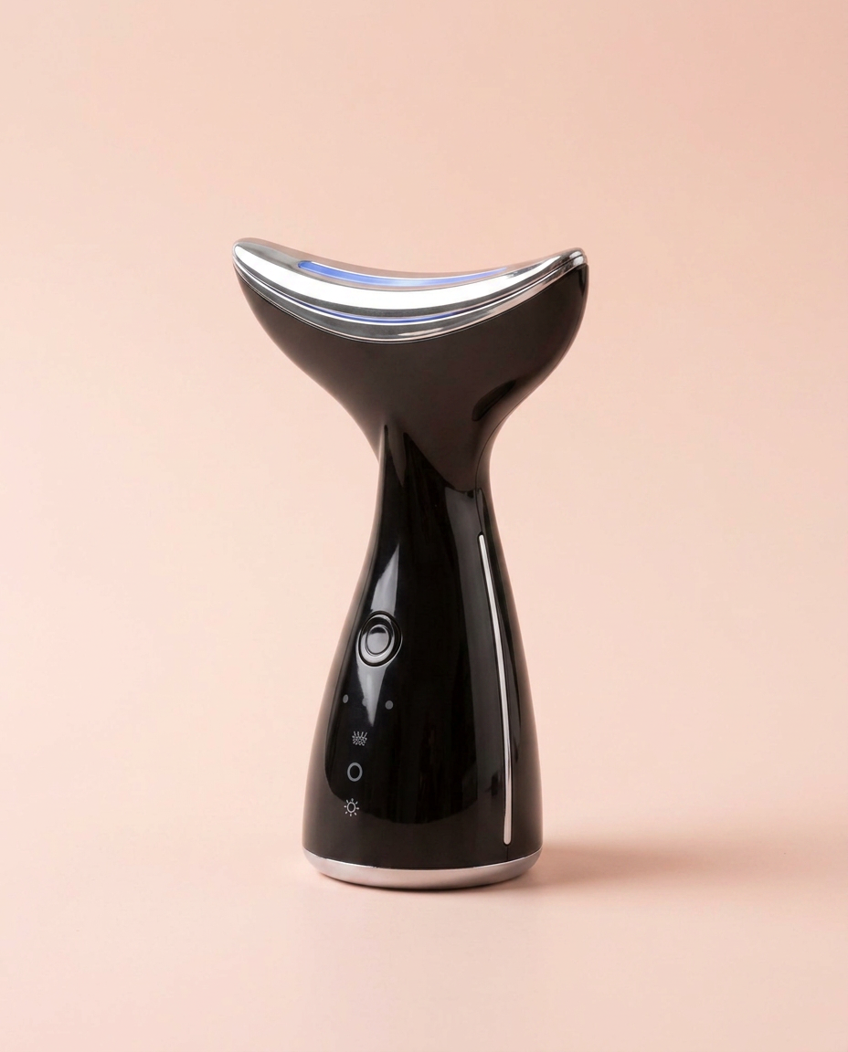 EMS Microcurrent + LED Face & Neck Lifting Device — front three-quarter view on peach background