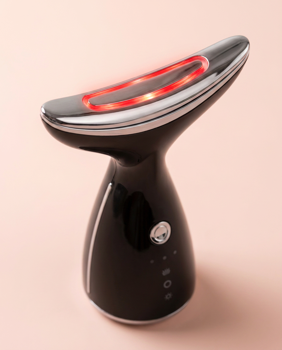 EMS Microcurrent + LED Face & Neck Lifting Device — close-up of head and control button on peach background