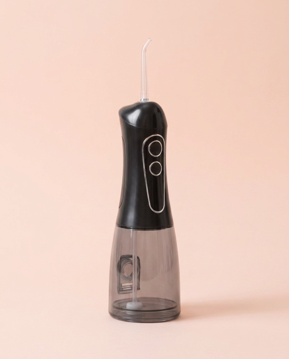 Cordless Dental Water Flosser — front three-quarter view on peach background