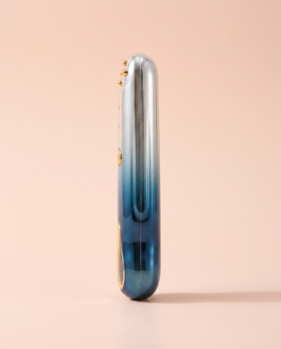 RF Radio-Frequency Eye & Anti-Wrinkle Massager — side profile view on peach background