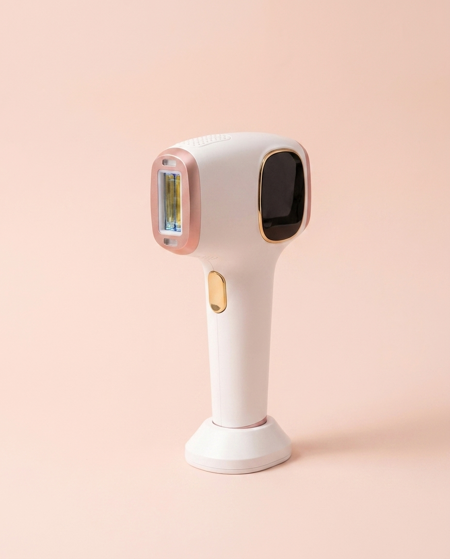IPL Ice-Cooling Laser Hair Removal Handset — front three-quarter view on peach background