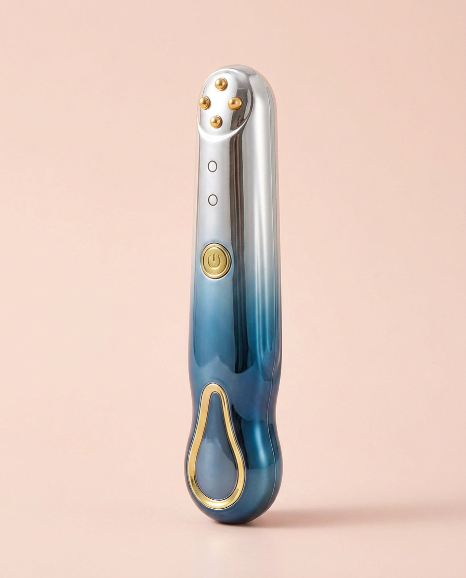 RF Radio-Frequency Eye & Anti-Wrinkle Massager — front three-quarter view on peach background