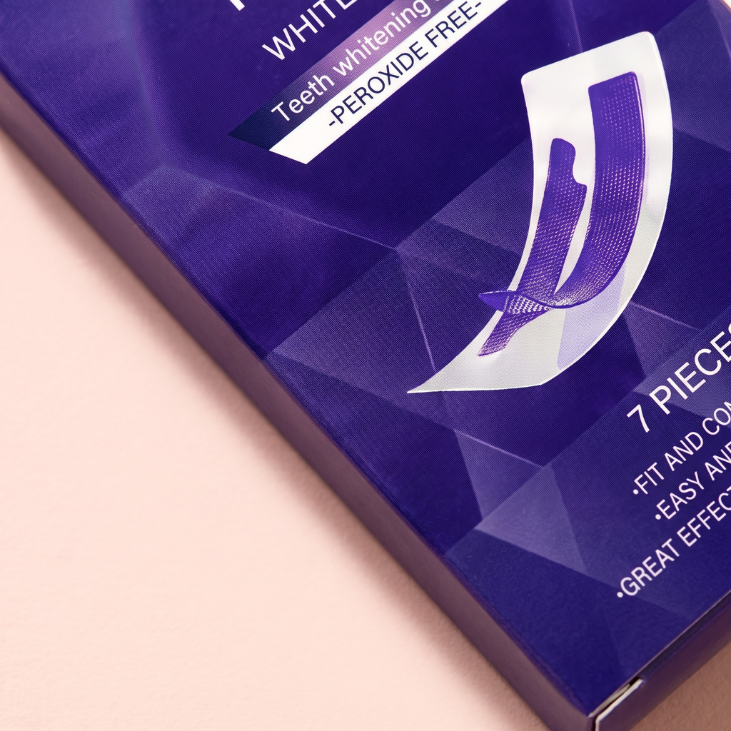 V34 Purple Colour-Correcting Teeth Strips — close-up of the peroxide-free pack detail on peach background