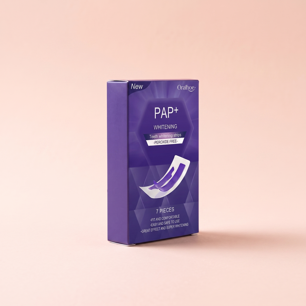 V34 Purple Colour-Correcting Teeth Strips — side profile view on peach background