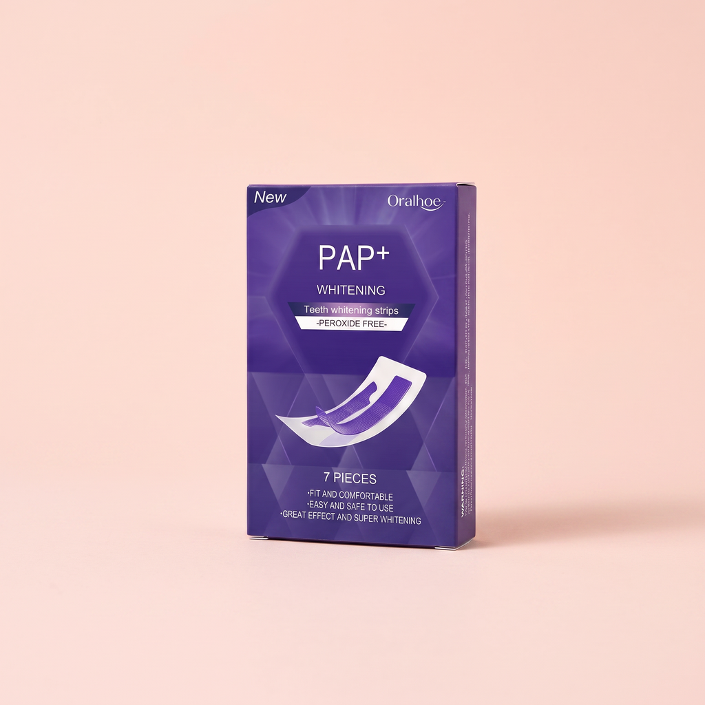 V34 Purple Colour-Correcting Teeth Strips — front three-quarter view on peach background