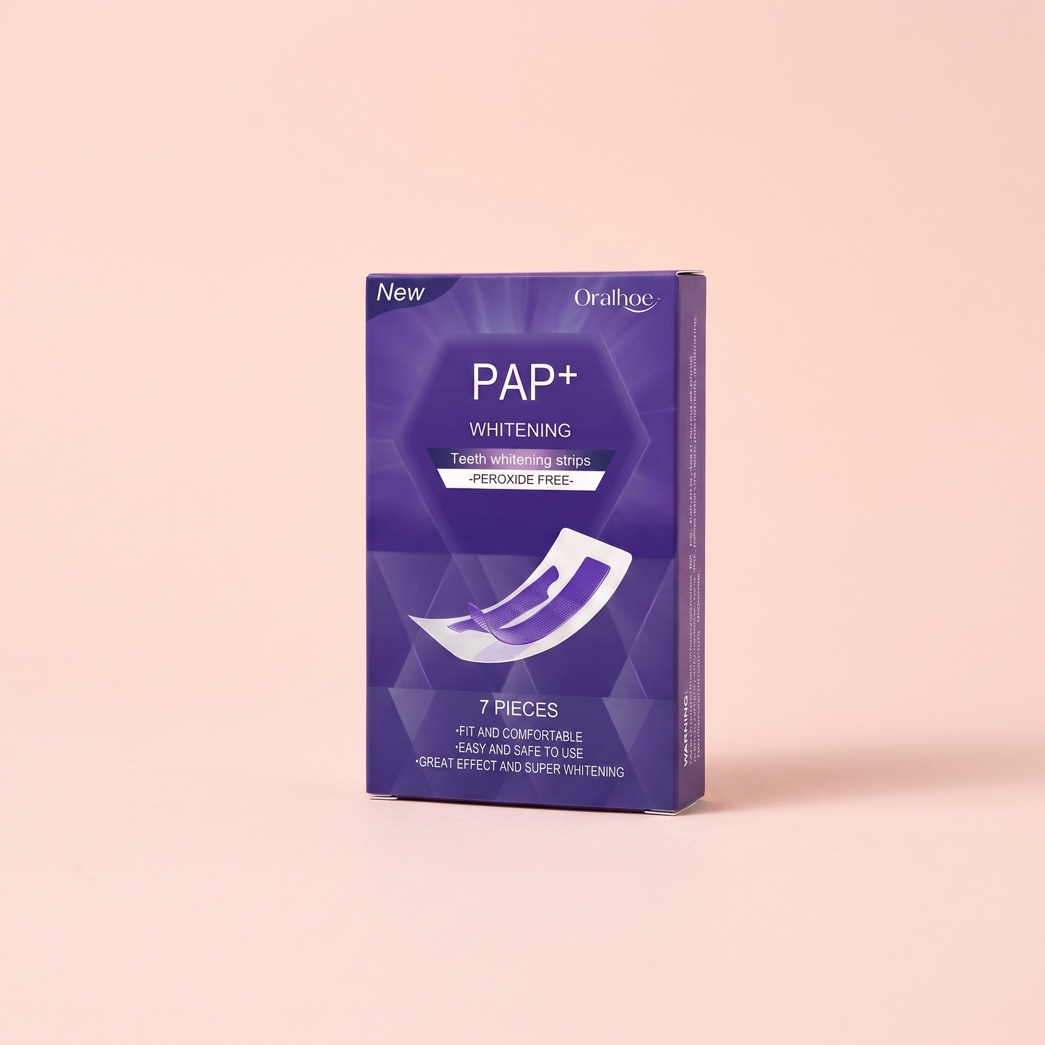 V34 Purple Colour-Correcting Teeth Strips — front three-quarter view on peach background