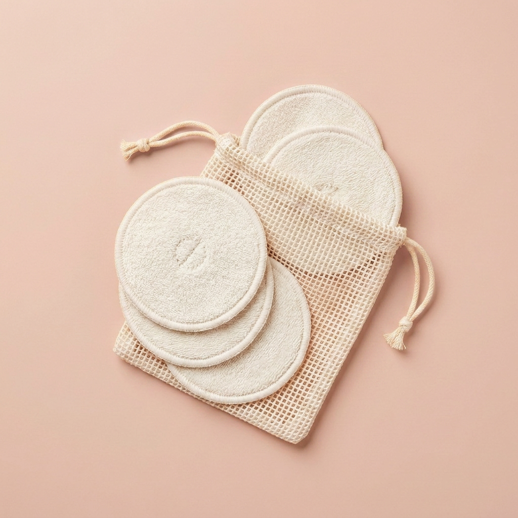 Reusable cotton rounds and wash bag on blush background