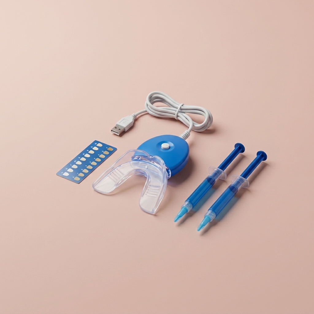 LED Teeth Whitening Kit on blush-pink studio backdrop