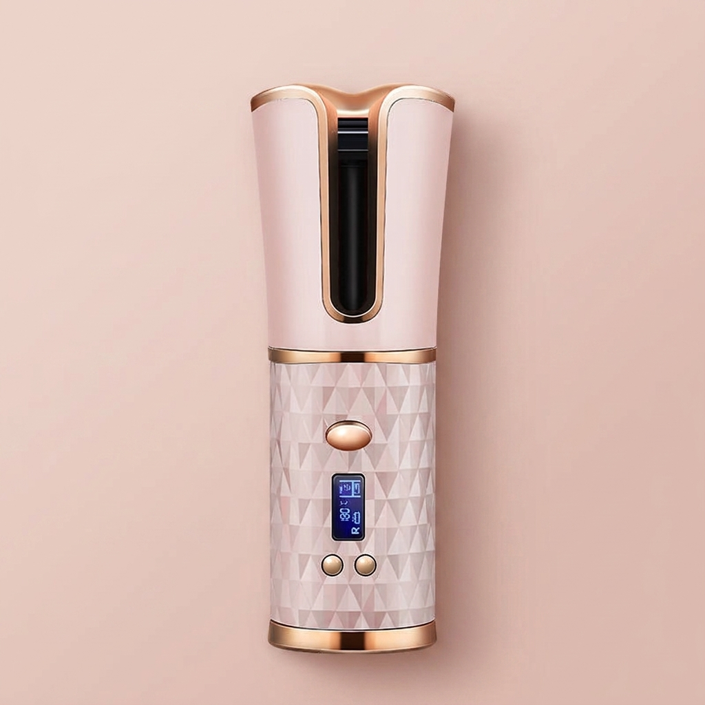 Cordless Auto Hair Curler on blush-pink studio backdrop